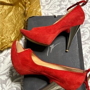 Giuseppe Zanotti Red Suede Heels with Metallic Accents